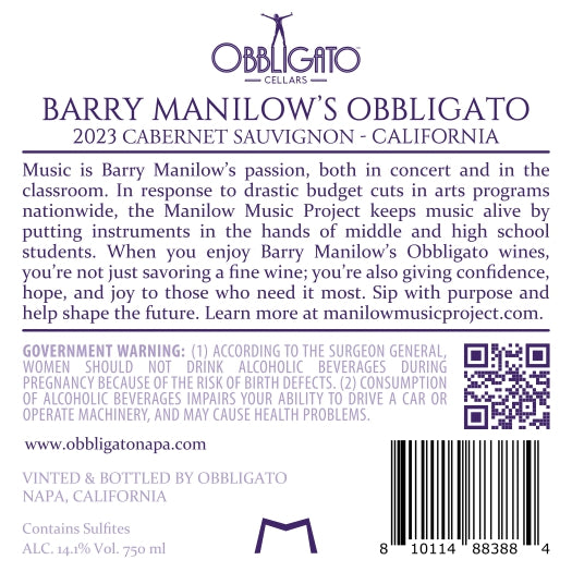 Barry Manilow’s Obbligato - 2023 Cabernet Sauvignon - California