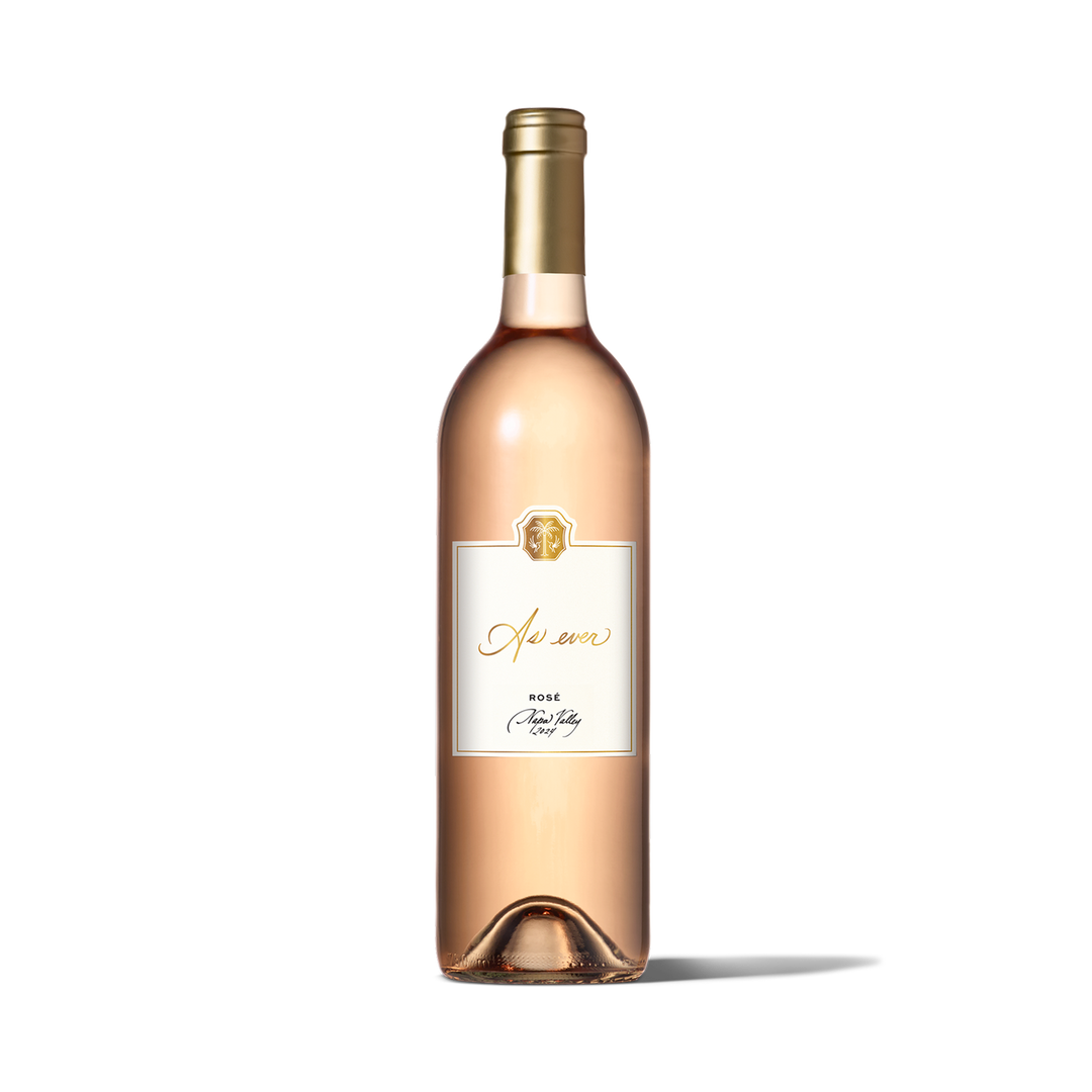 Bottle of As ever Rosé wine with gold foil cap and white label