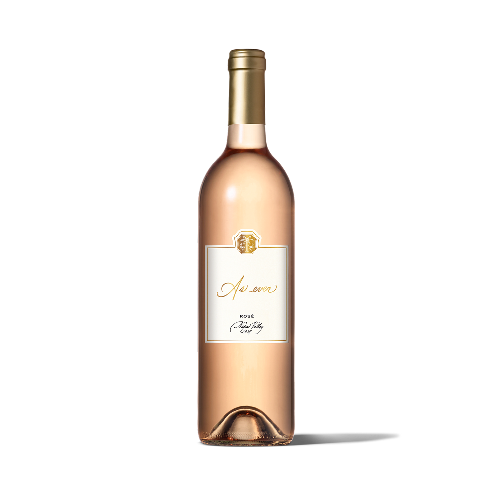 Bottle of As ever Rosé wine with gold foil cap and white label