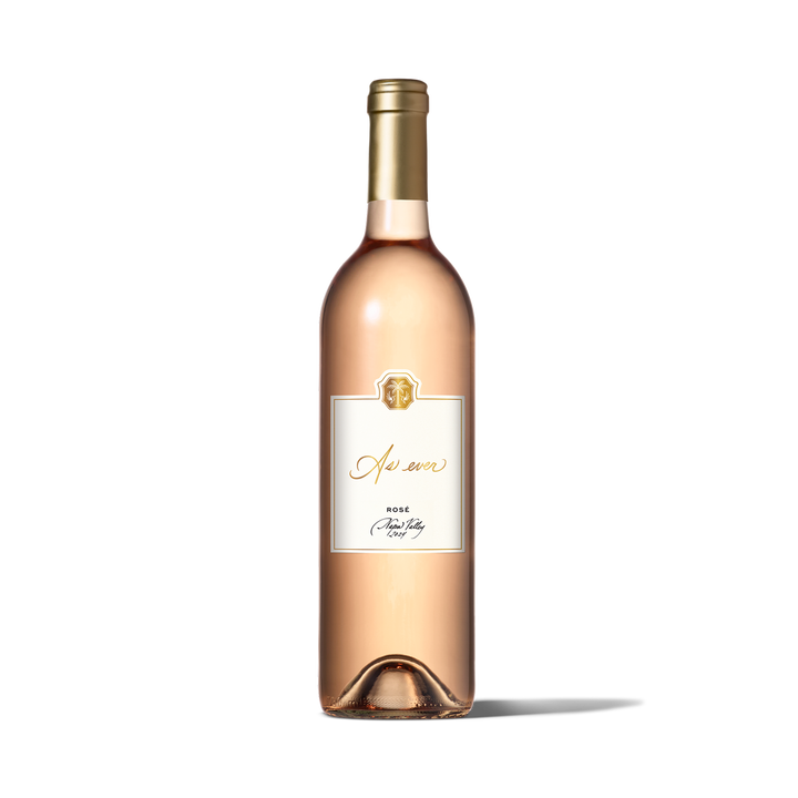 Bottle of As ever Rosé wine with gold foil cap and white label
