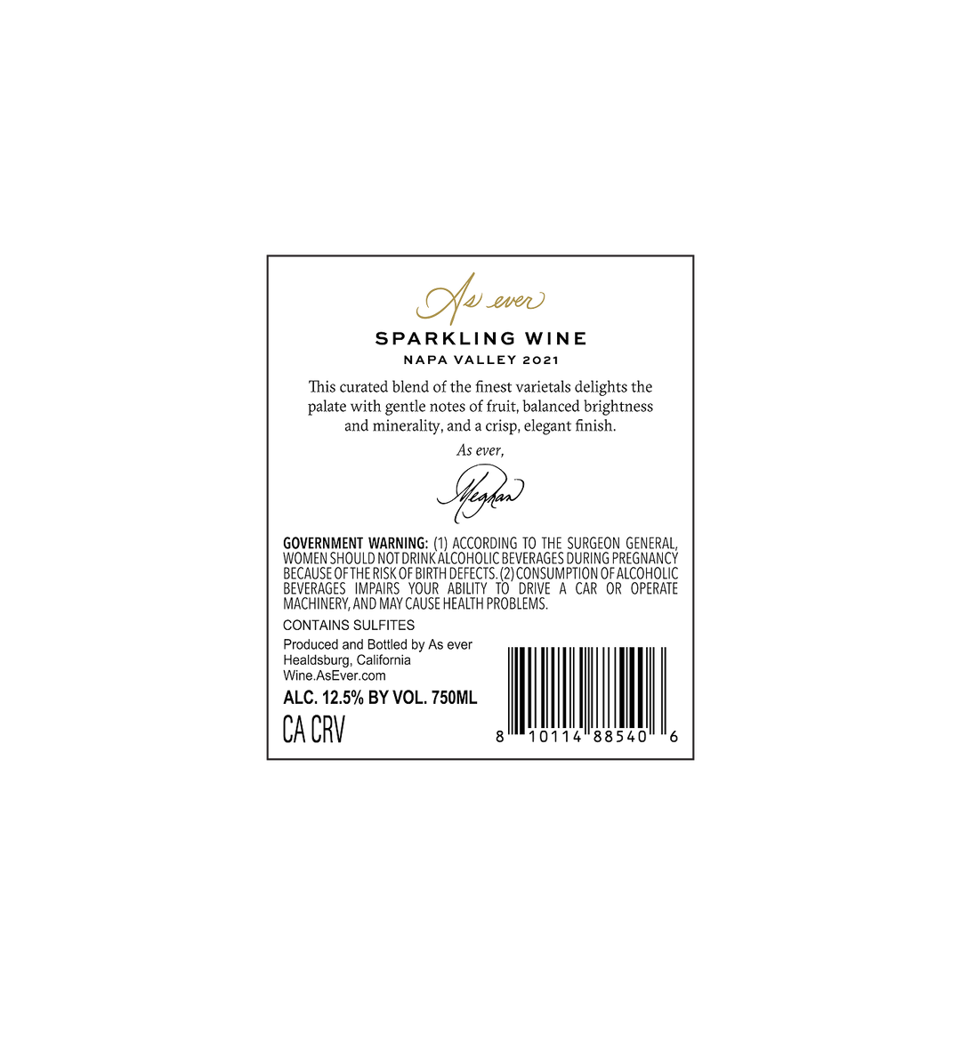 Back label of As ever Brut bottle detailing tasting notes, alcohol content, and warnings