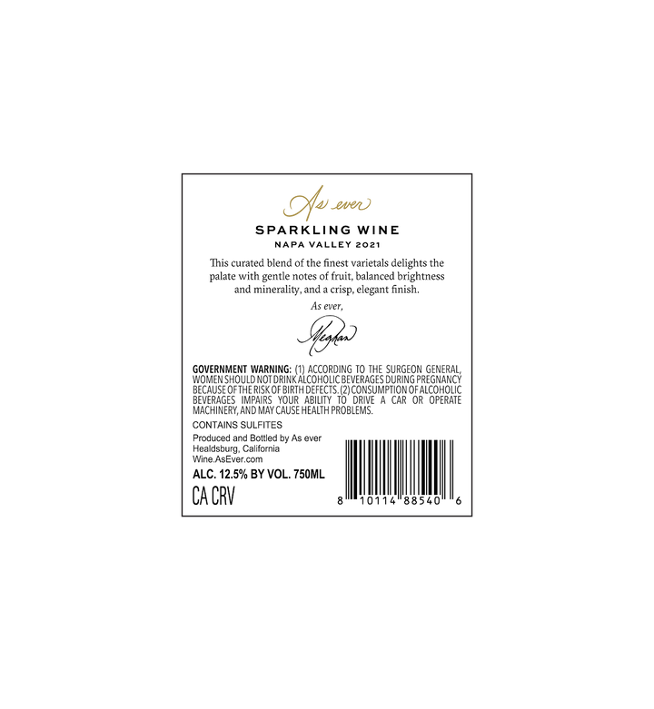 Back label of As ever Brut bottle detailing tasting notes, alcohol content, and warnings