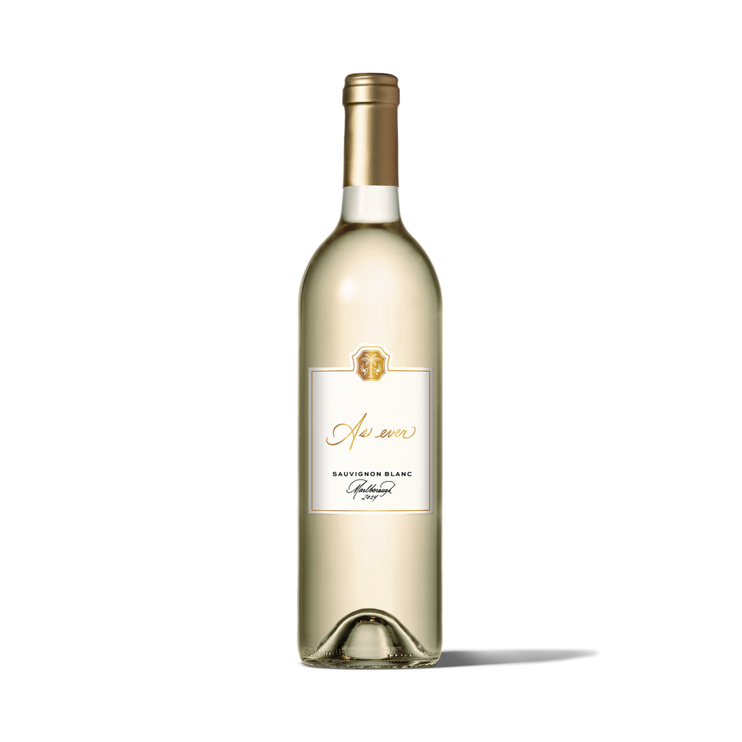 Bottle of As ever Sauvignon Blanc wine with gold foil cap and white label