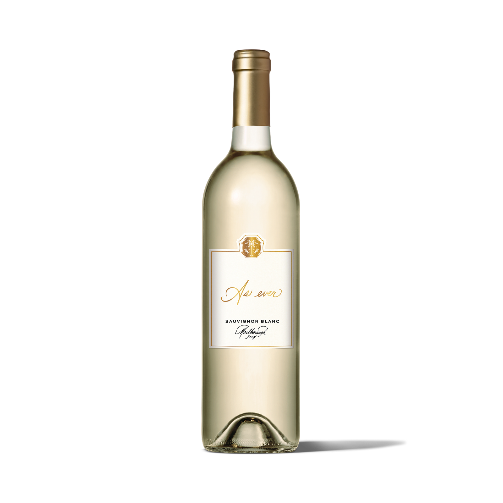 Bottle of As ever Sauvignon Blanc wine with gold foil cap and white label