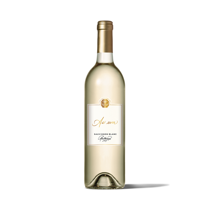 Bottle of As ever Sauvignon Blanc wine with gold foil cap and white label
